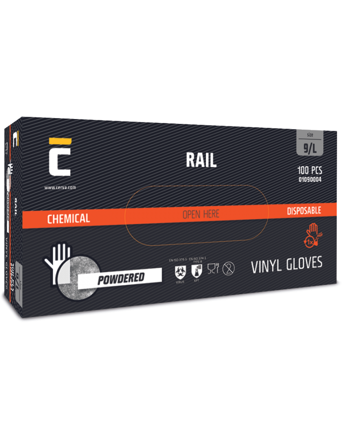 Rukavice RAIL 151111 vinylové pudrované balení 100 ks vel L - Obrázek Rukavice RAIL 151111 vinylové pudrované balení 100 ks vel L - Obrázek